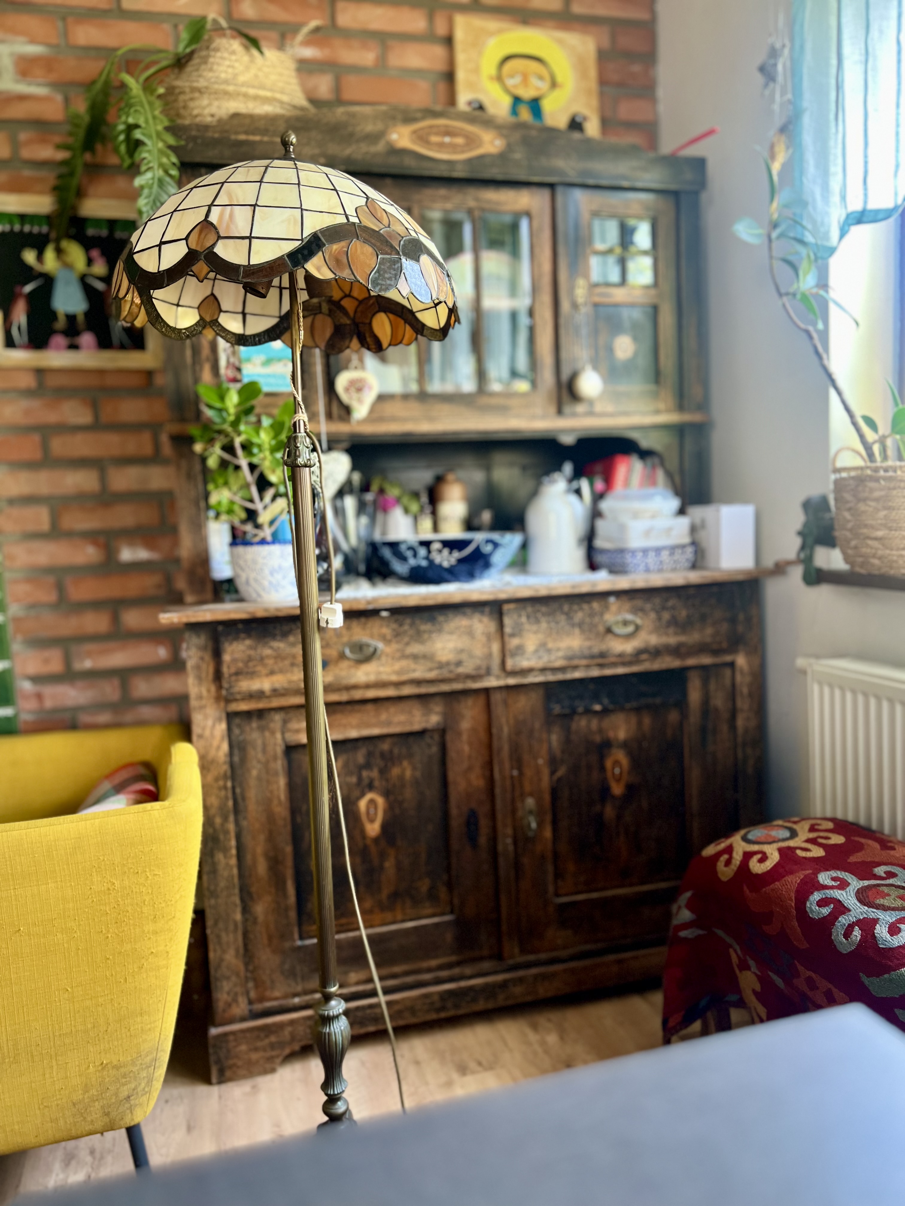 Lampa witrażowa 170 cm, kremowo-brązowa, Niemcy, unikat vintage